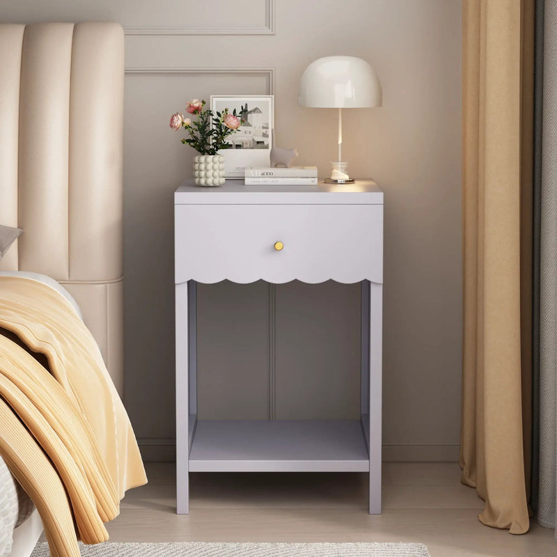 Nightstand With Drawer And Open Shelf, Scalloped Edge Bedside Table by Unique Piece Furniture
