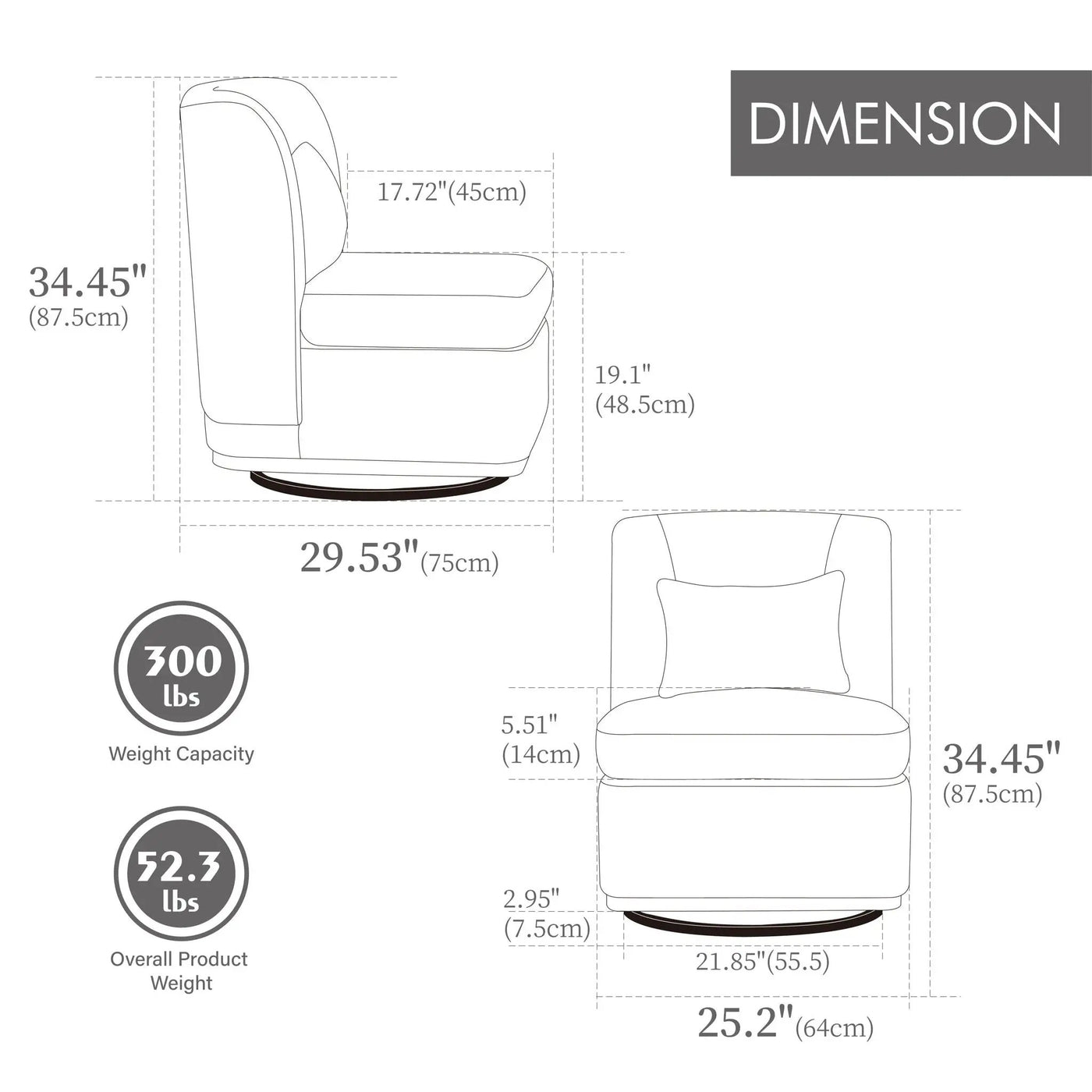 Wide Modern Cushioned Armless Metal Base 360° Swivel Chair With Pillow by HouseOfZazla
