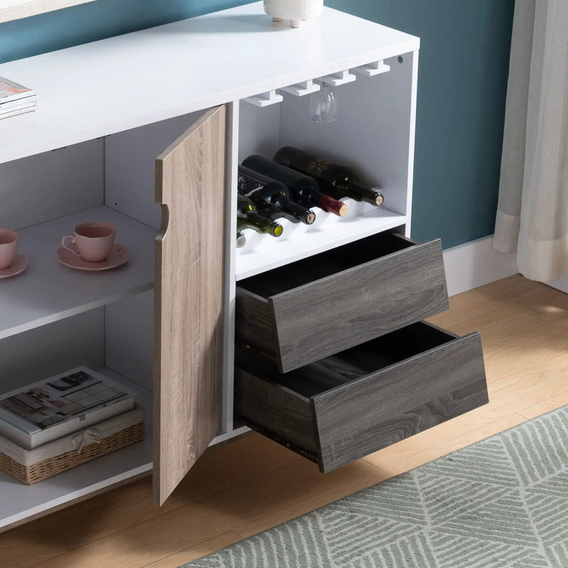 Wooden Display Rack, Cabinet With Drawer, Holds 6 Wine Glass - White / Dark Taupe by Unique Piece Furniture