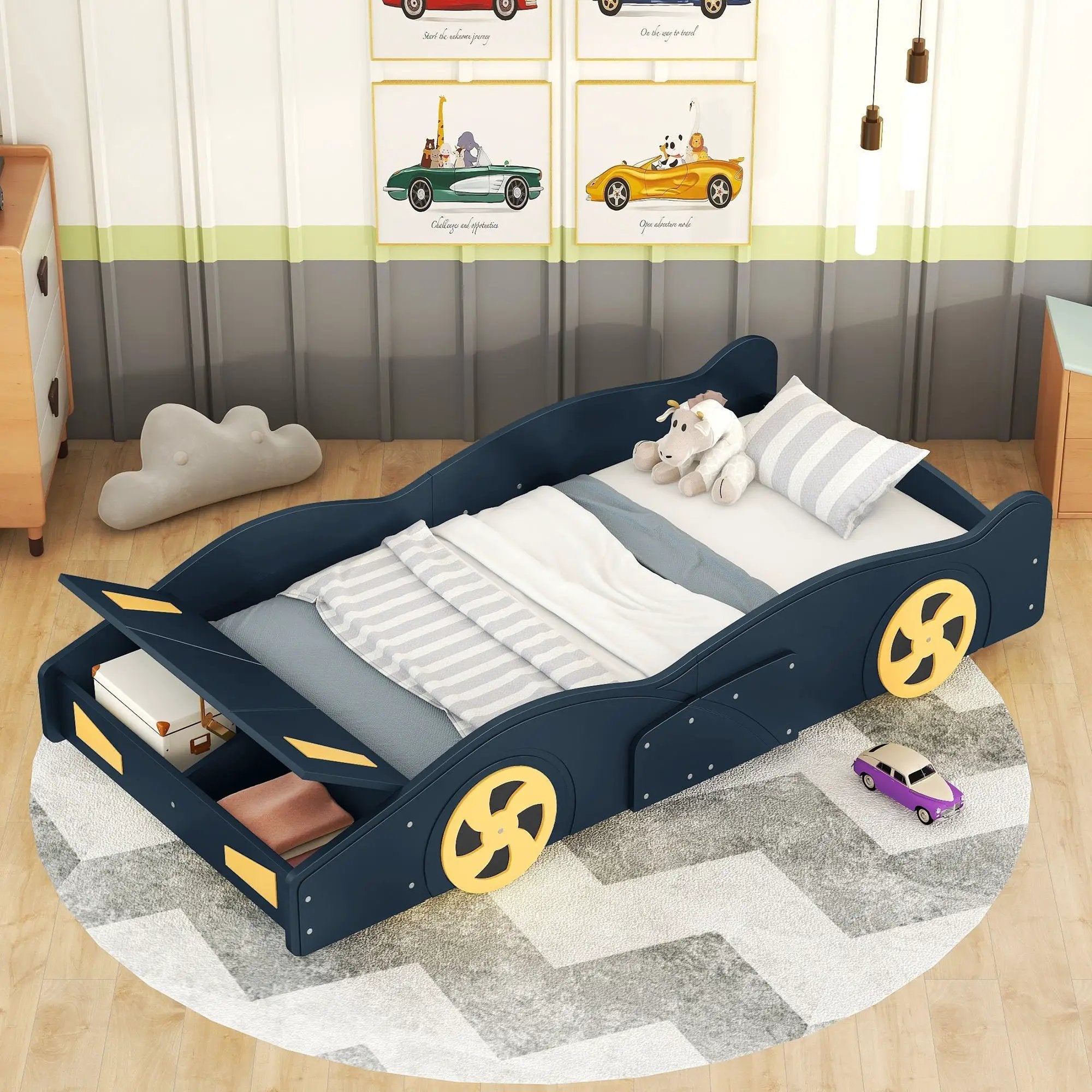 Race Car Shaped Platform Bed With Wheels And Storage by Unique Piece Furniture