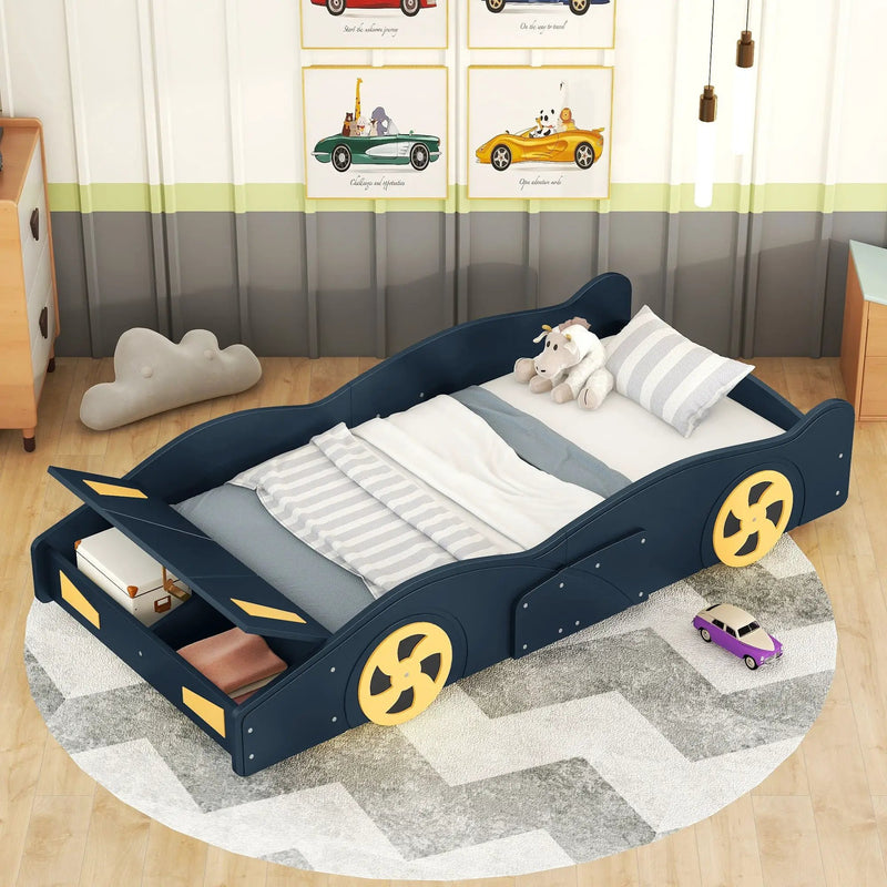 Race Car Shaped Platform Bed With Wheels And Storage by Unique Piece Furniture