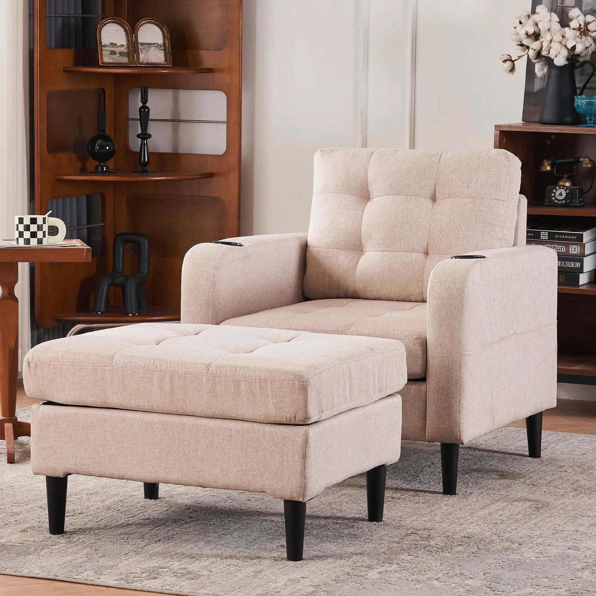 Upholstered Armchair And Storage Ottoman Set, Comfortable Single Sofa With Cup Holders And Tufted Detailing, Ideal For Living Room Or Bedroom by HouseOfZazla