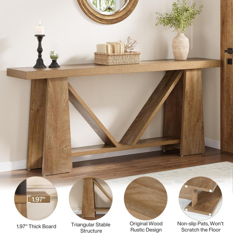 Slim 2 Tier Entryway Accent Extra Long Console Table For Living Room - Natural / Light Brown by HouseOfZazla