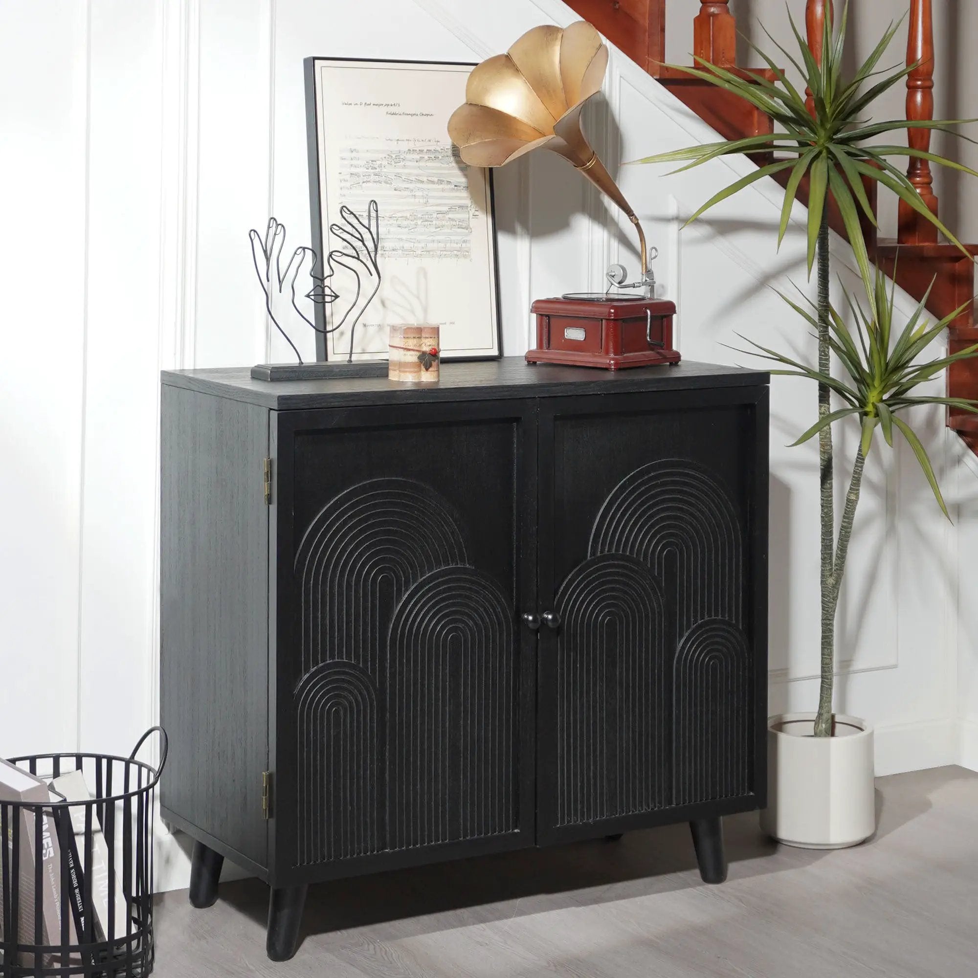 Modern Black Wood Storage Cabinet with Embossed Door by HouseOfZazla