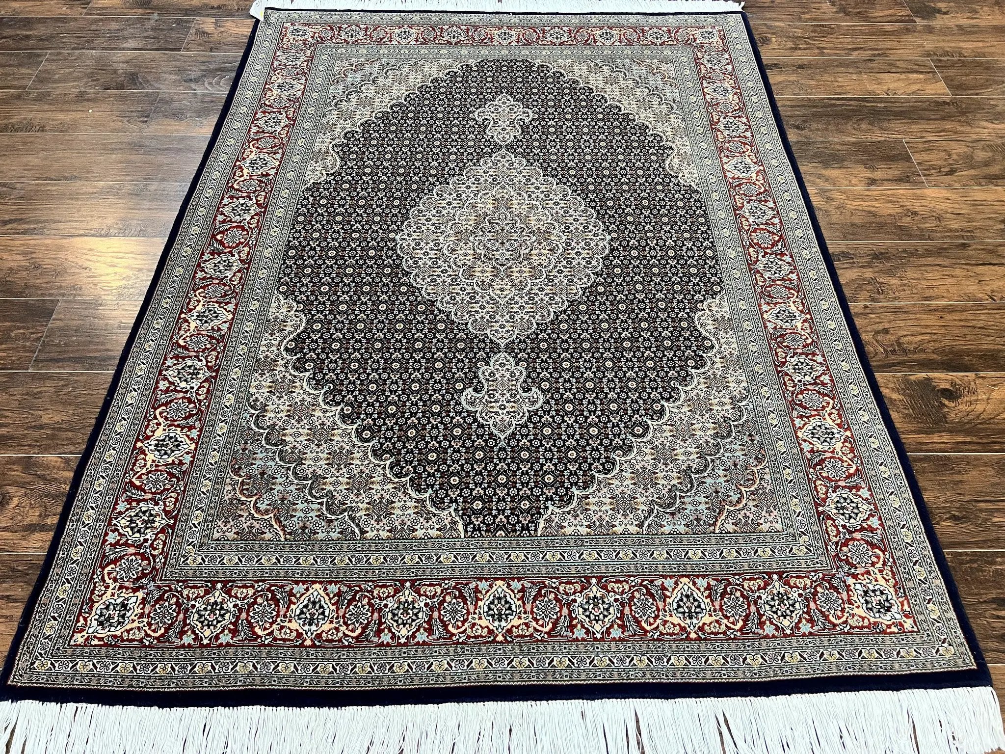 Persian Tabriz Rug 5x7, Wool with Silk Highlights, Hand Knotted Vintage Oriental Carpet, Very Fine, Herati Mahi Pattern, Black, Rare by Jewel Rugs