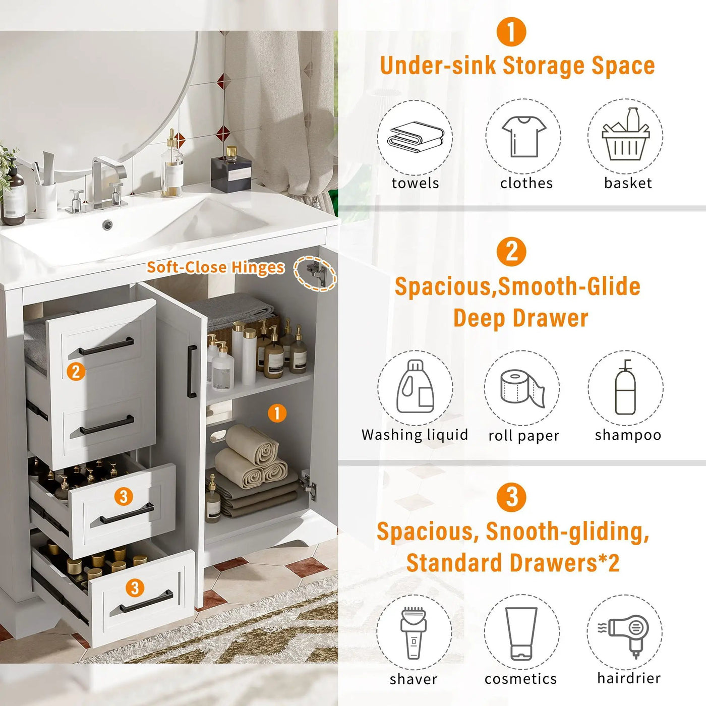 Bathroom Vanity With Sink, Soft Close Doors, Adjustable Shelf & 3 Drawers by Unique Piece Furniture
