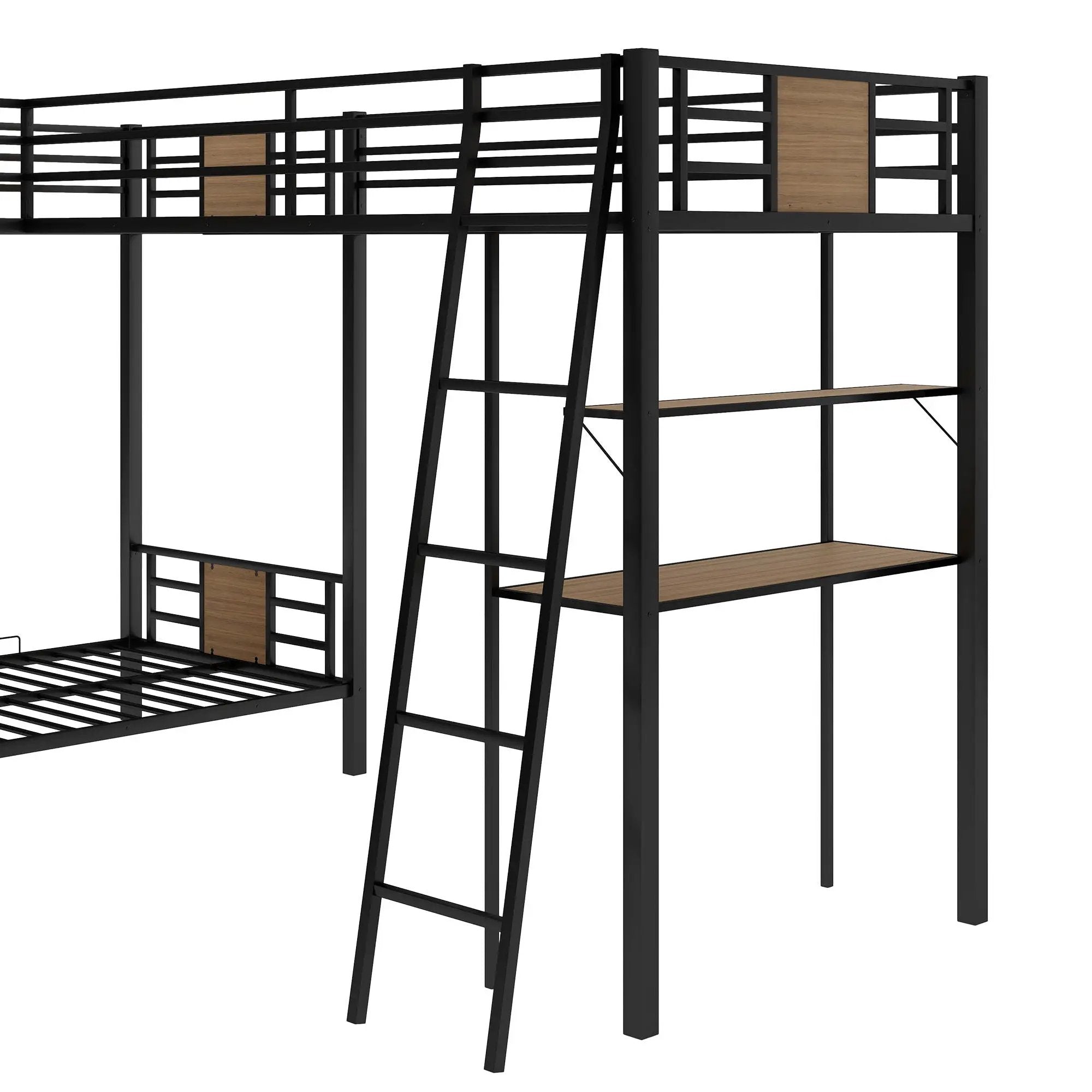L-Shaped Twin Over Twin Bunk Bed With Twin Size Loft Bed With Desk And Shelf - Brown by HouseOfZazla