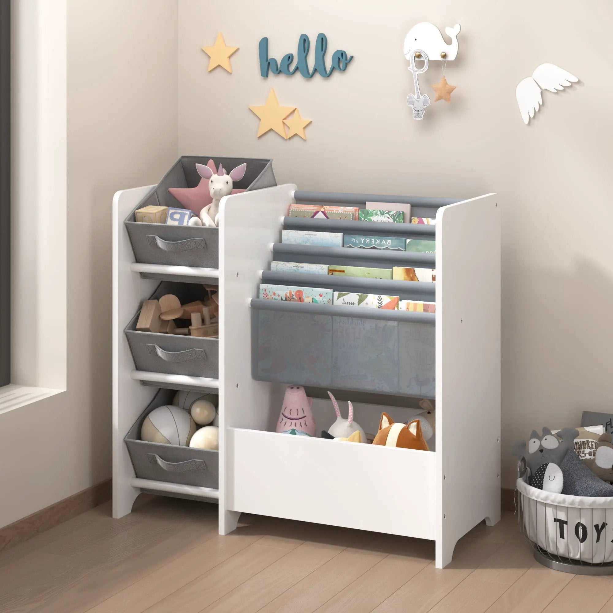 Bookshelf And Toy Storage Organizer, Multifunctional 4 Tier With 3 Collapsible Drawers - White by HouseOfZazla
