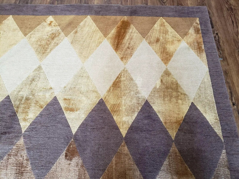 Modern Tibetan Rug 8.6 x 11, Wool and Silk, Multicolor, Diamond Panel Design by Jewel Rugs