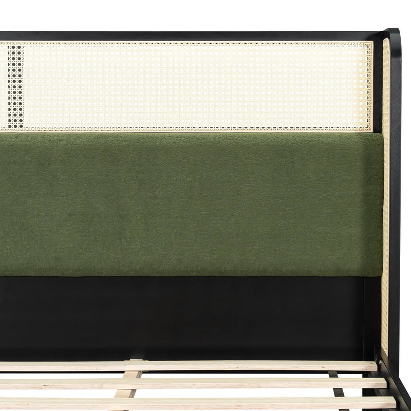 King Size Bed Frame with Black Frame and Green Upholstered Headboard by HouseOfZazla