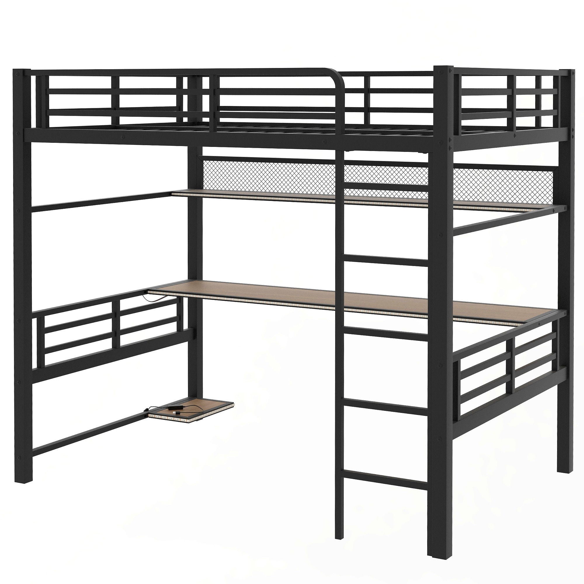 Full Size Loft Bed Frame With Storage Shelf And LED Light - Black by HouseOfZazla