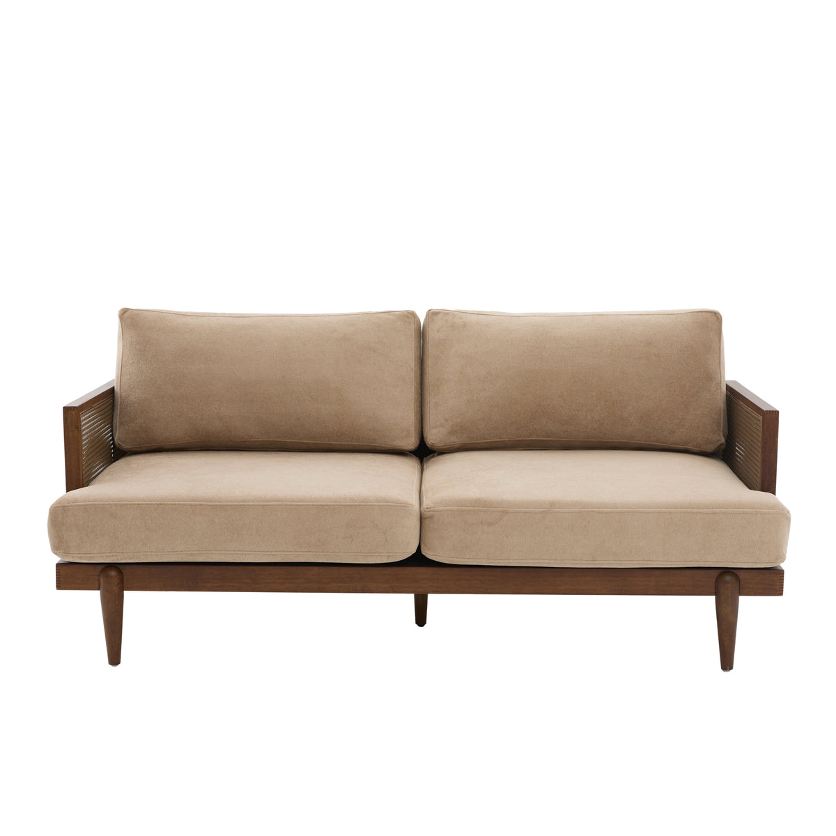 Emir 72" Square Arm 3-Seater Velvet Sofa with Cane Rattan - Camel or Light Green, photo 6 of 10