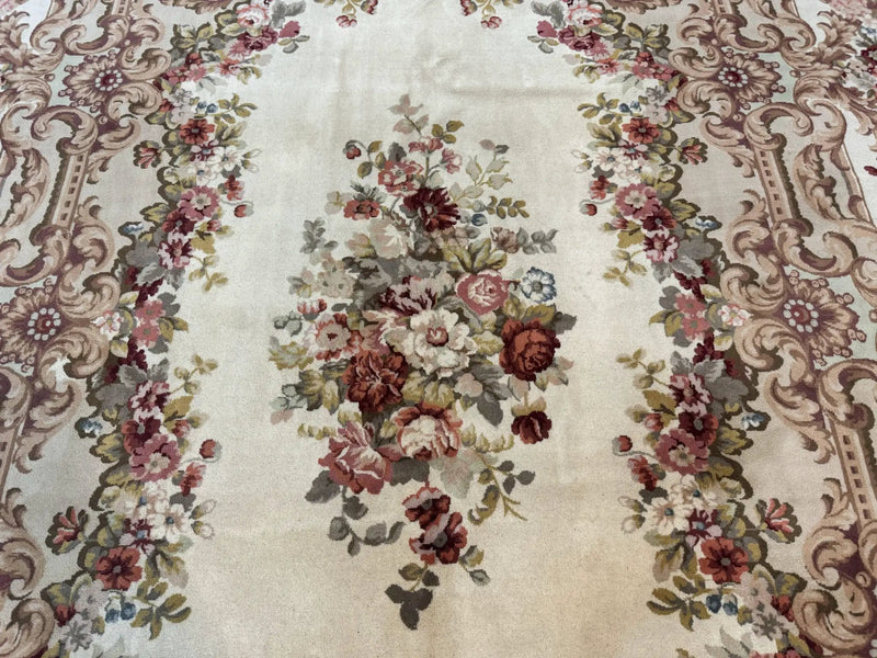 Aubusson Rug 8x12, European French Savonnerie Design, Thick Wool Pile, Elegant Rug, Cream Beige Light Green by Jewel Rugs