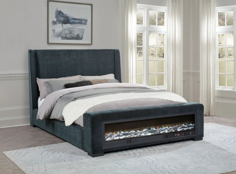 Preston Upholstered California King Audio Flame Visualizer Bed Dark Blue by Unique Piece Furniture
