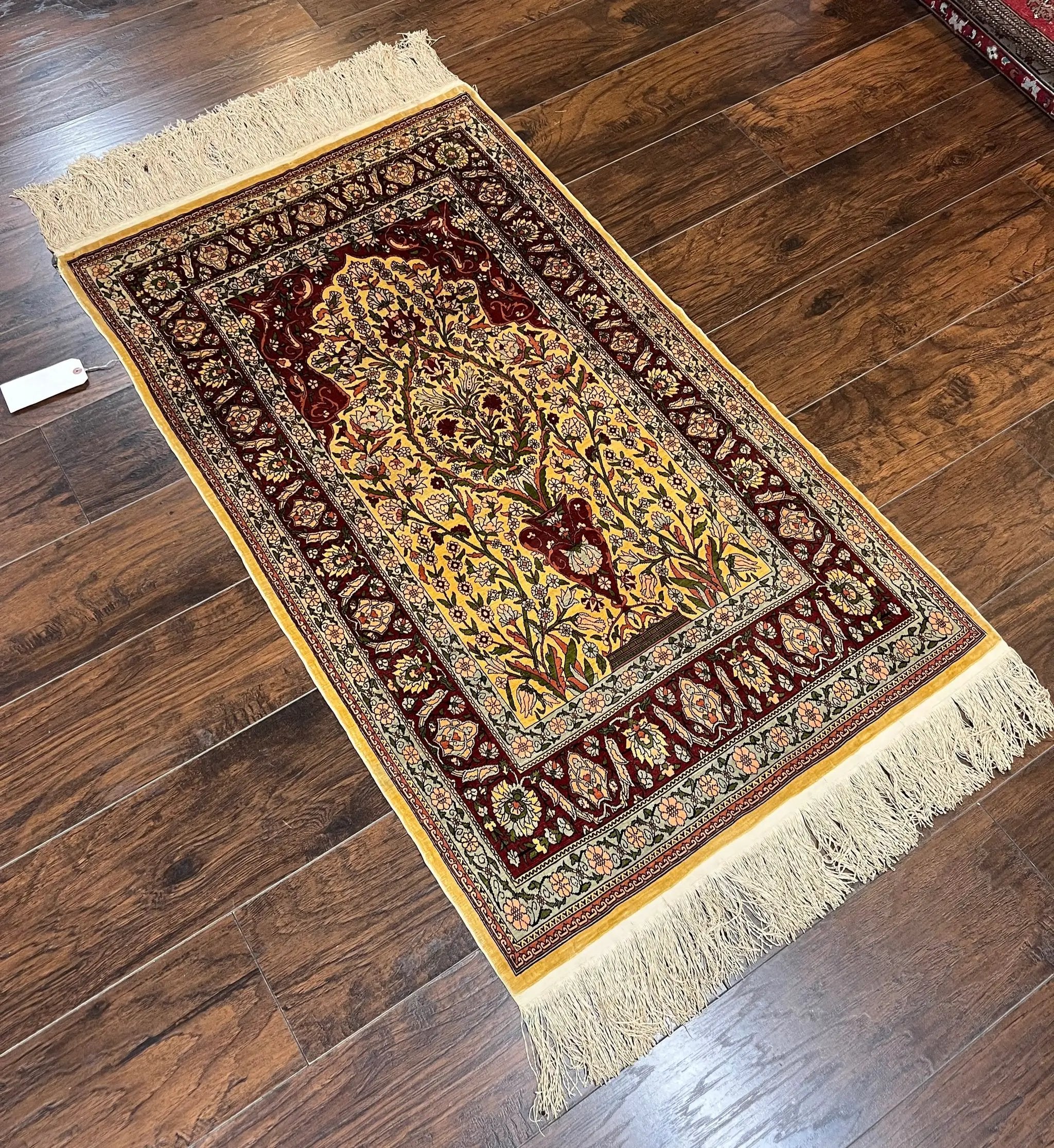 Wonderful Silk Turkish Hereke Prayer Rug 2.8 x 4.5, Tree of Life Design, Signature from Master Weaver, Gold and Burgundy, Handmade, 625 KPSI by Jewel Rugs
