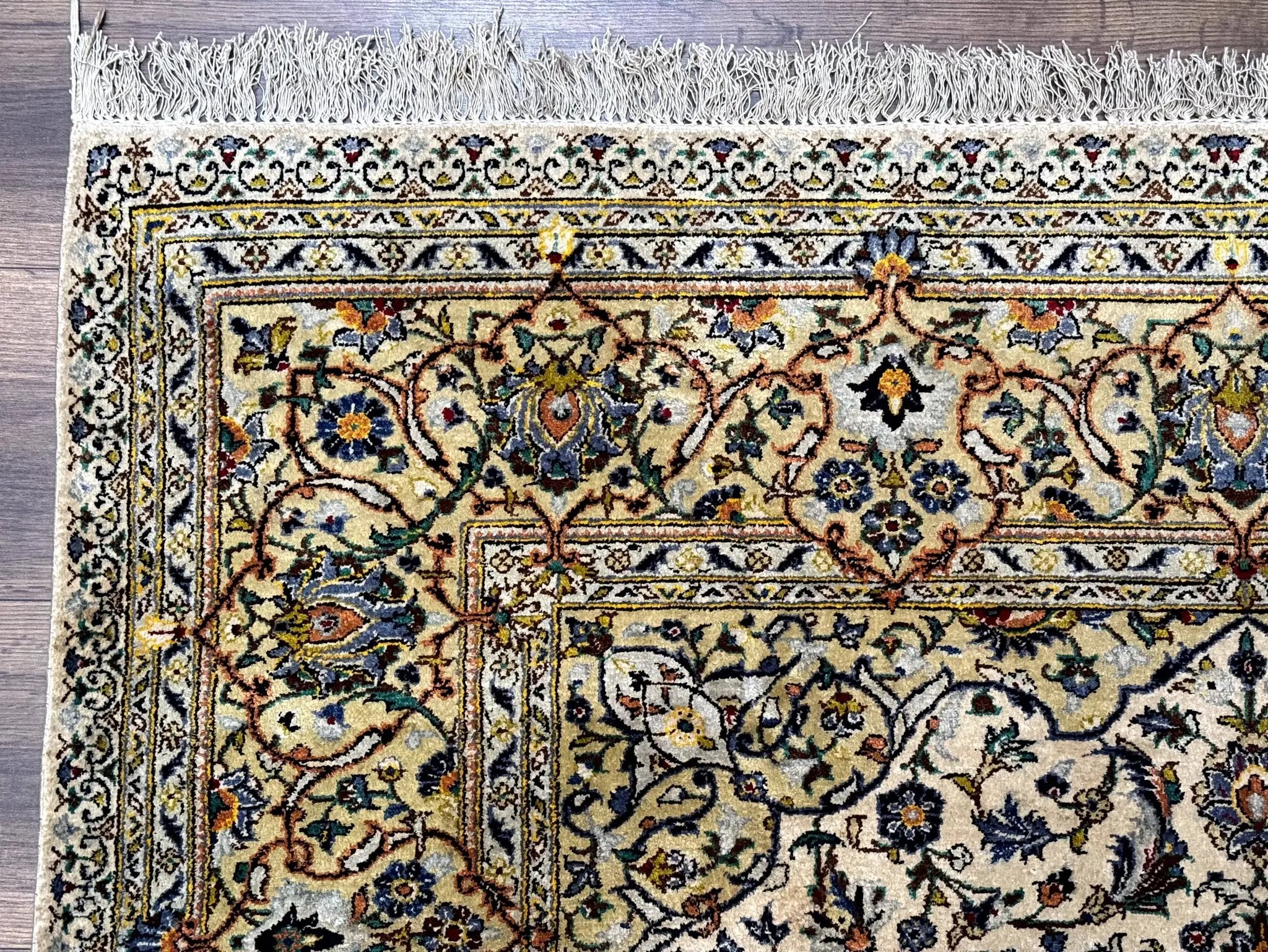 Rare Silk Persian Kashan Rug 4.6 x 7, Antique Fine 310 KPSI, Ivory by Jewel Rugs