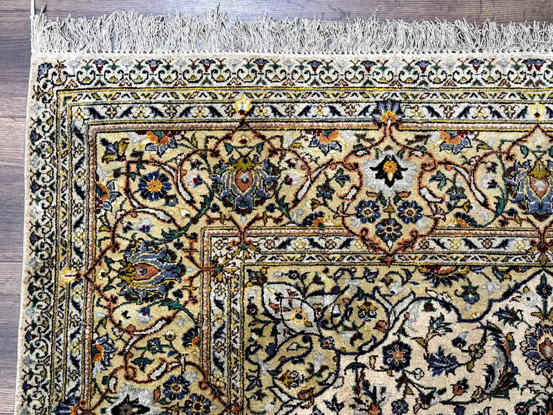 Rare Silk Persian Kashan Rug 4.6 x 7, Antique Fine 310 KPSI, Ivory by Jewel Rugs