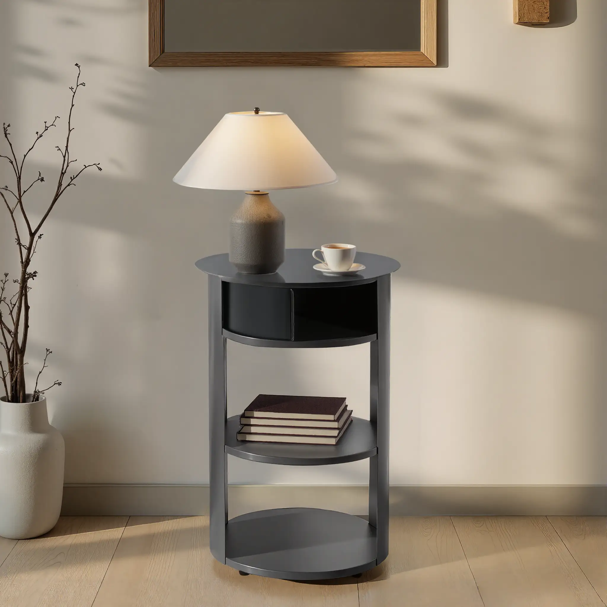 Indoor 3-Tier Metal Round Side Table with Sliding Door Cabinet by HouseOfZazla