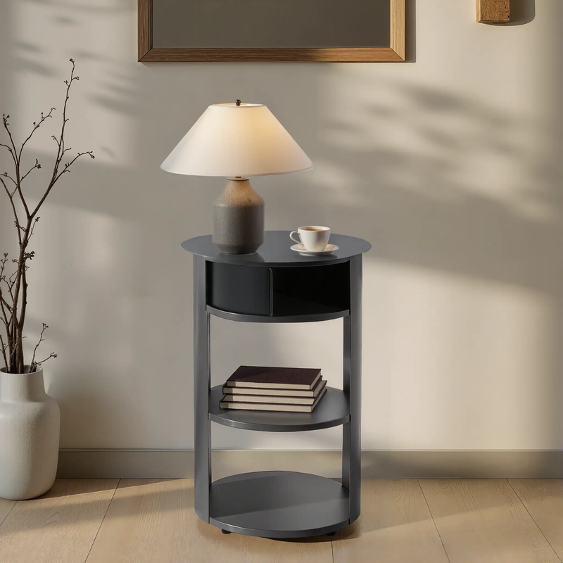 Indoor 3-Tier Metal Round Side Table with Sliding Door Cabinet by HouseOfZazla