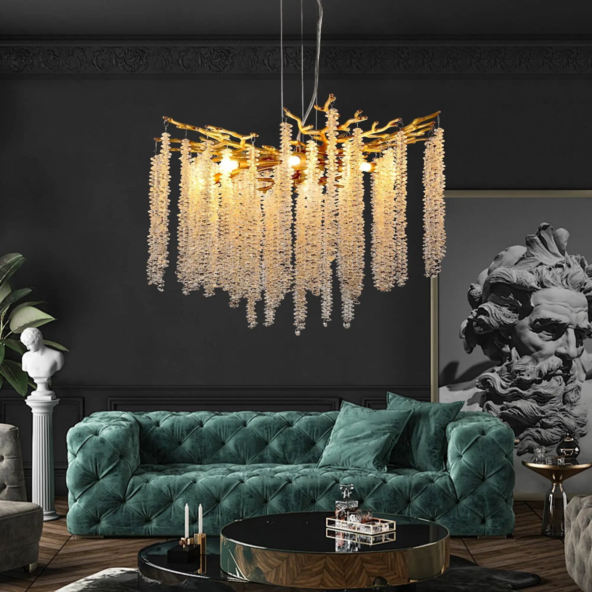 24-inch Modern Golden Pendant Light with Cascading Crystal Strands by HouseOfZazla