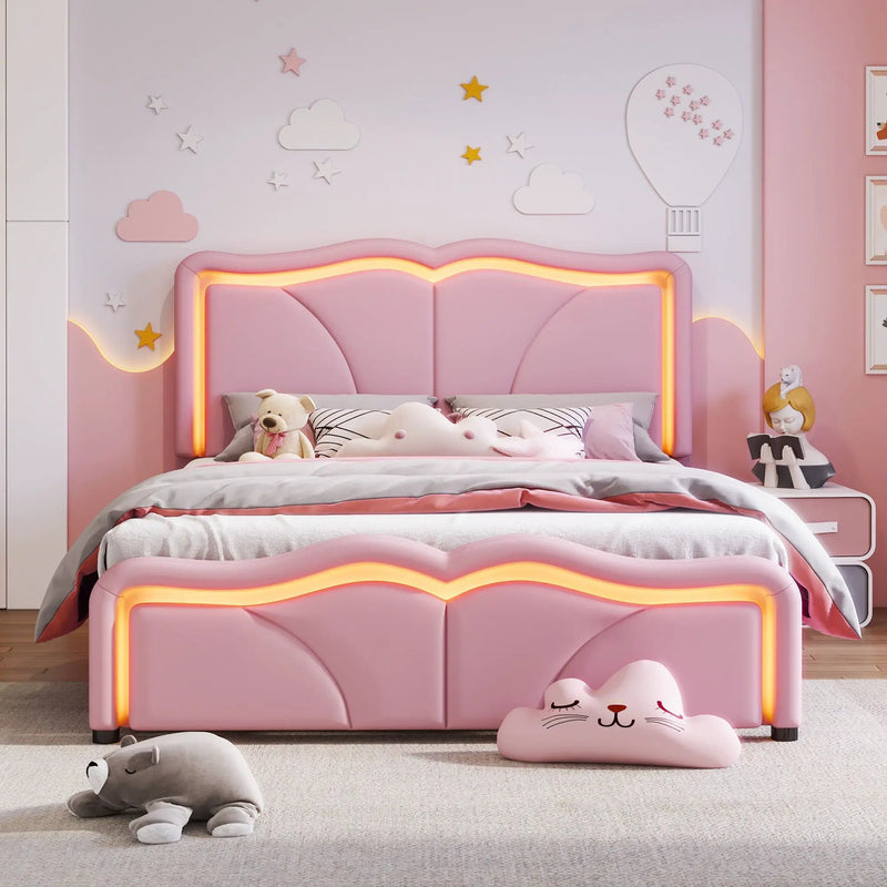 Upholstered Platform Bed & Curve Shaped And Height Adjustable Headboard, LED Light Strips by Unique Piece Furniture