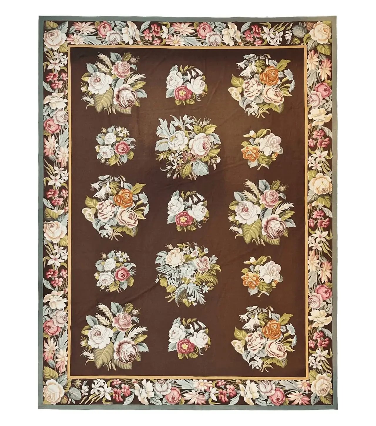 Vintage Needlepoint Rug 9x12, Large Handmade Hand-woven Needlepoint Carpet, Brown Area Rug, Floral Bouquets, Wool Rug, European Design by Jewel Rugs