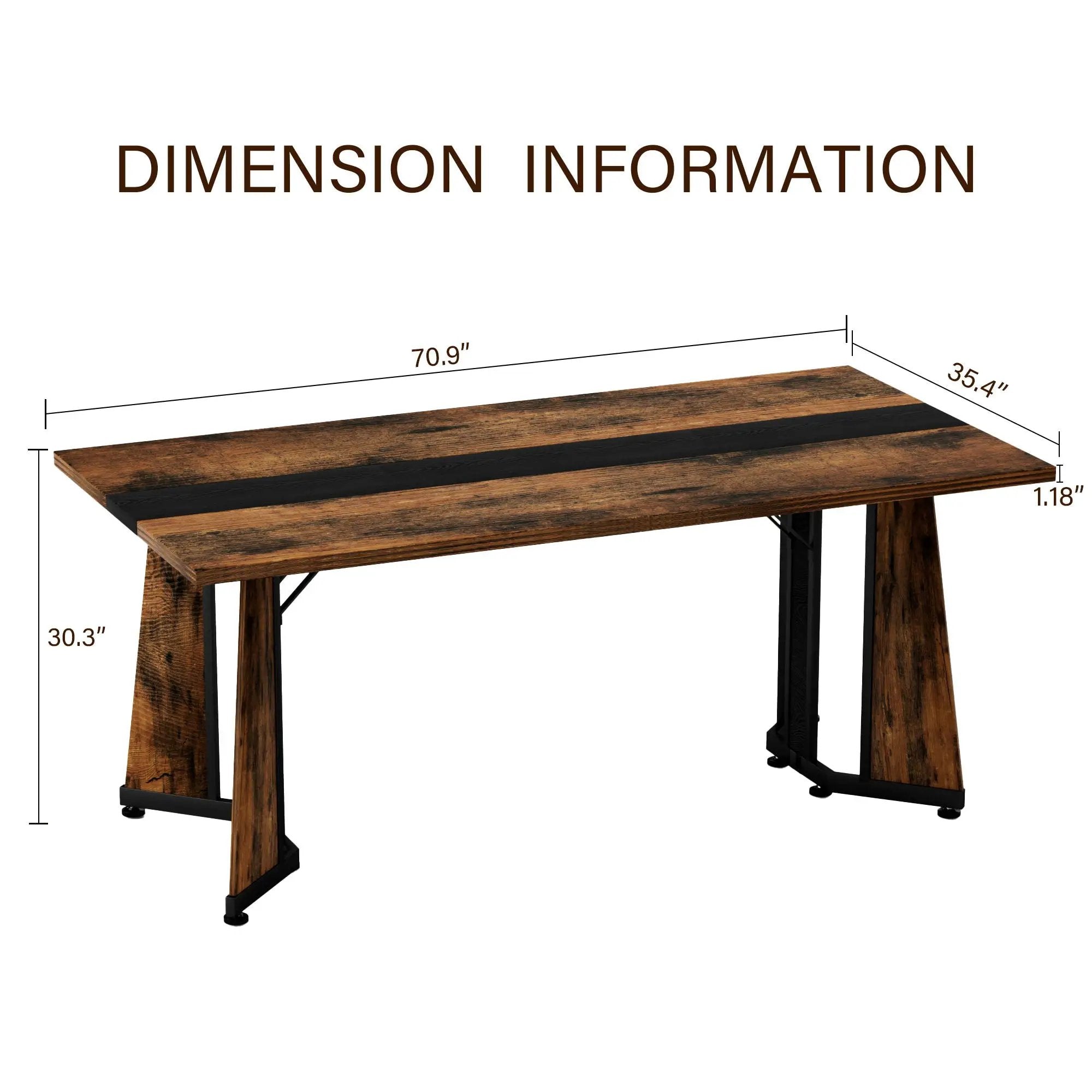 Rustic Rectangular Large Dining Table, Waterproof Desk For 8 People, & Steel With Adjustable Legs - Black / Rustic Brown by HouseOfZazla