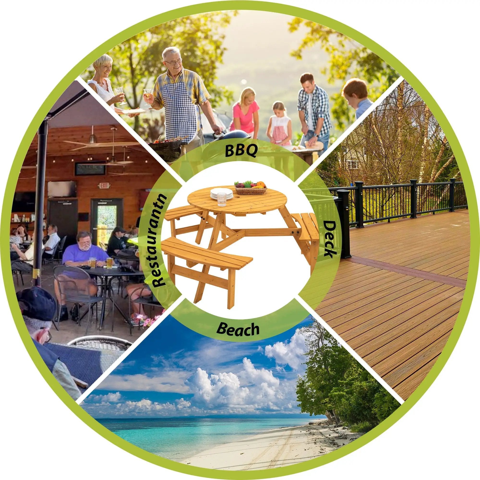 6 Person Circular Outdoor Wooden Picnic Table For Patio, Backyard, Garden, Diy With 3 Built-In Benches, 1720Lb Capacity by Unique Piece Furniture