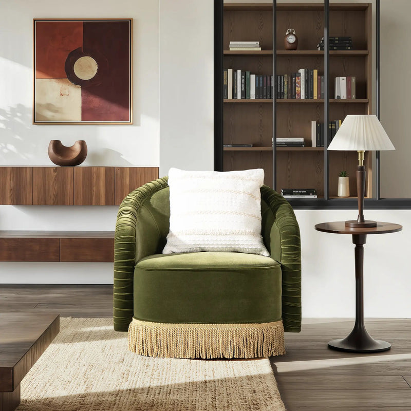 Serena 31.5" Ruched Barrel Back Accent Arm Chair with Bullion Fringe, Olive by HouseOfZazla