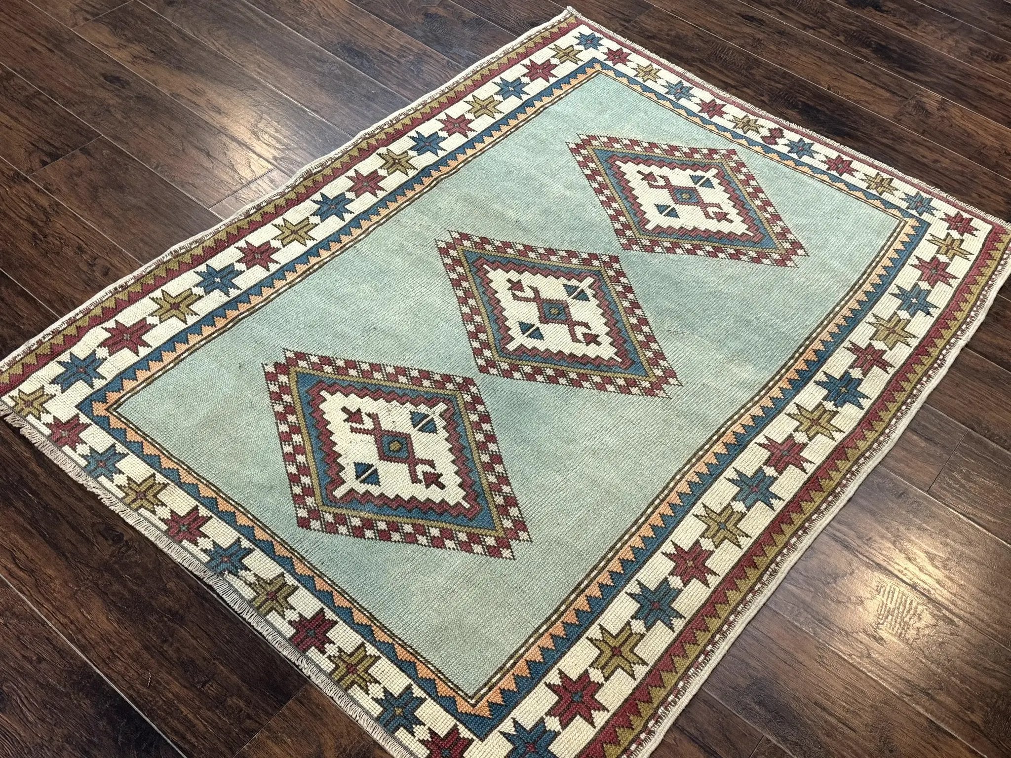 Turkish Kazak Rug 4x6, Geometric Medallion, Caucasian Design Rug, Semi Antique Vintage, Mint Green Maroon Ivory by Jewel Rugs