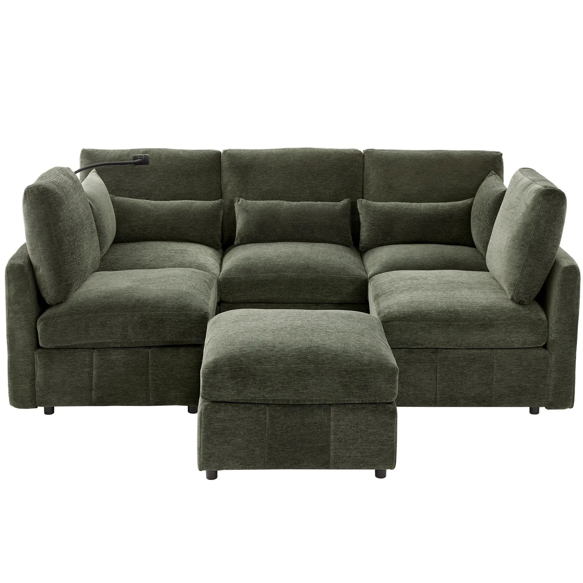 Modern Modular U-Shaped Sofa Bed With Movable Ottoman, USB Ports, Phone Holder
