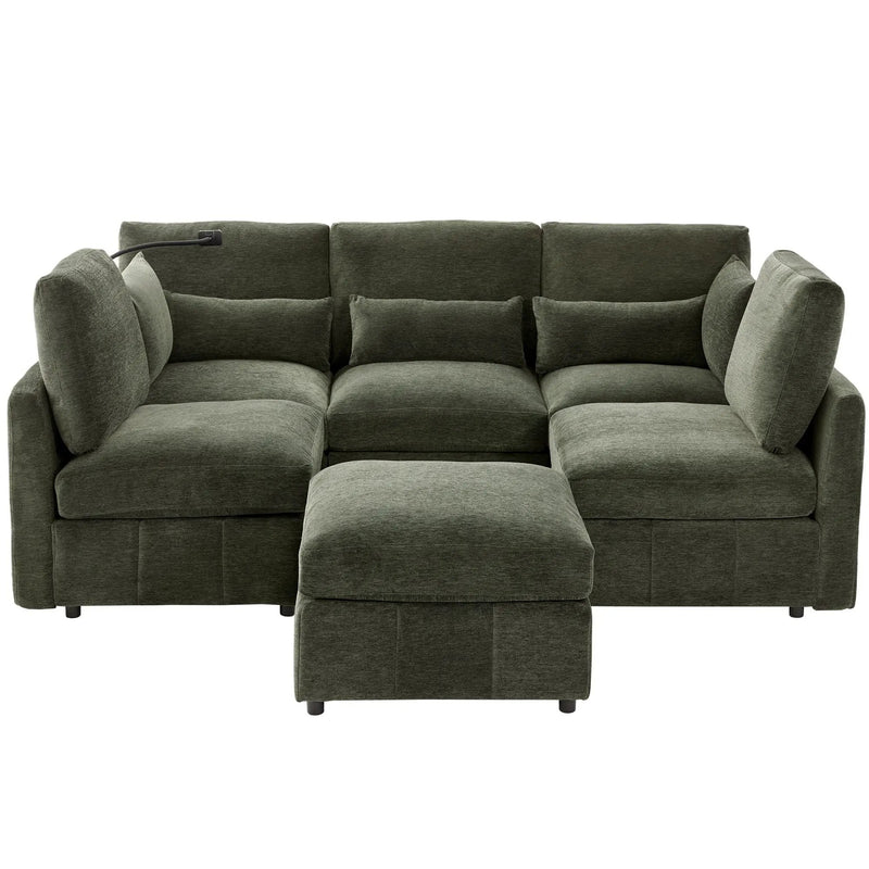 Modern Modular U-Shaped Sofa Bed With Movable Ottoman, USB Ports, Phone Holder