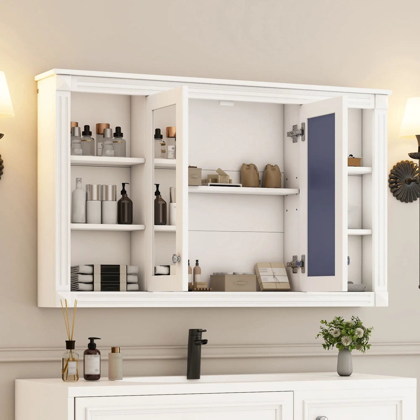 Wall-Mounted Mirror Cabinet With Adjustable Shelf and Open Shelves by HouseOfZazla