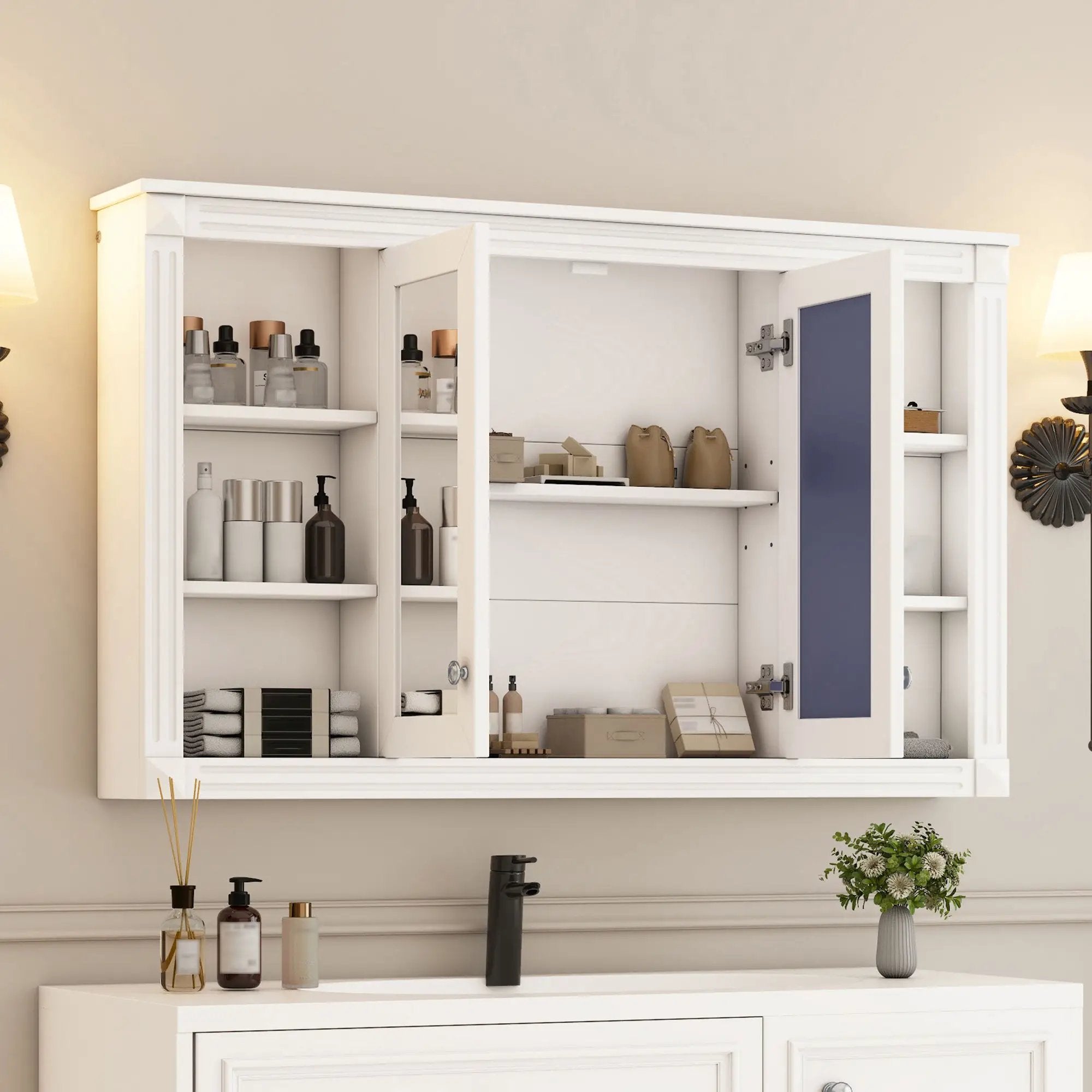 Wall-Mounted Mirror Cabinet With Adjustable Shelf and Open Shelves by HouseOfZazla