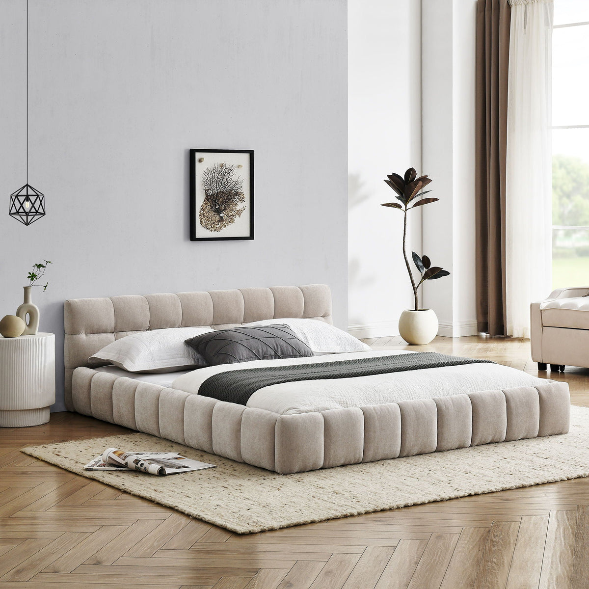 Modern Platform Bed Frame With Thick Fabric, photo 27 of 33