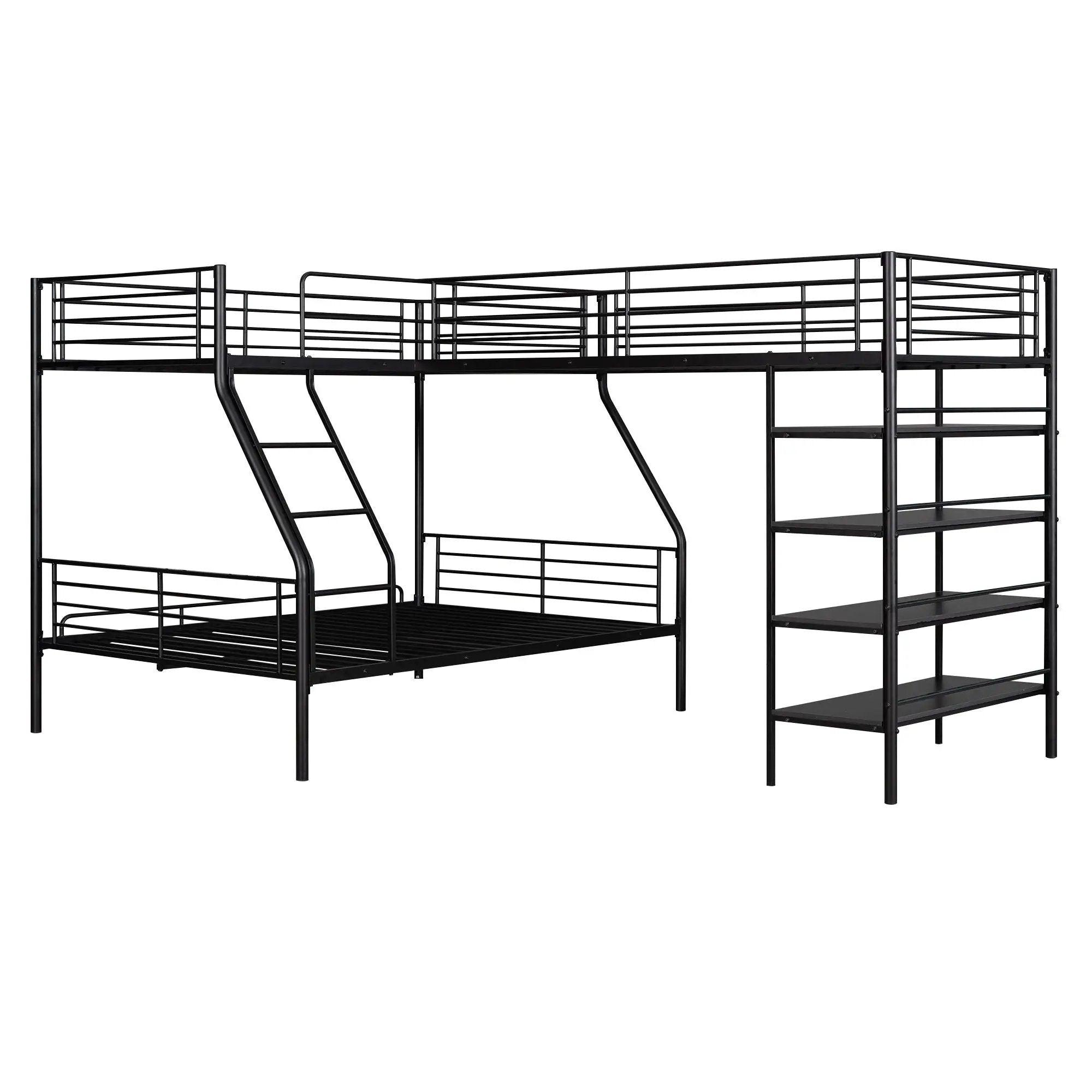 L-Shaped Twin Over Full Bunk Bed And Twin Loft Bed With 4 Built In Shelves - Black by HouseOfZazla