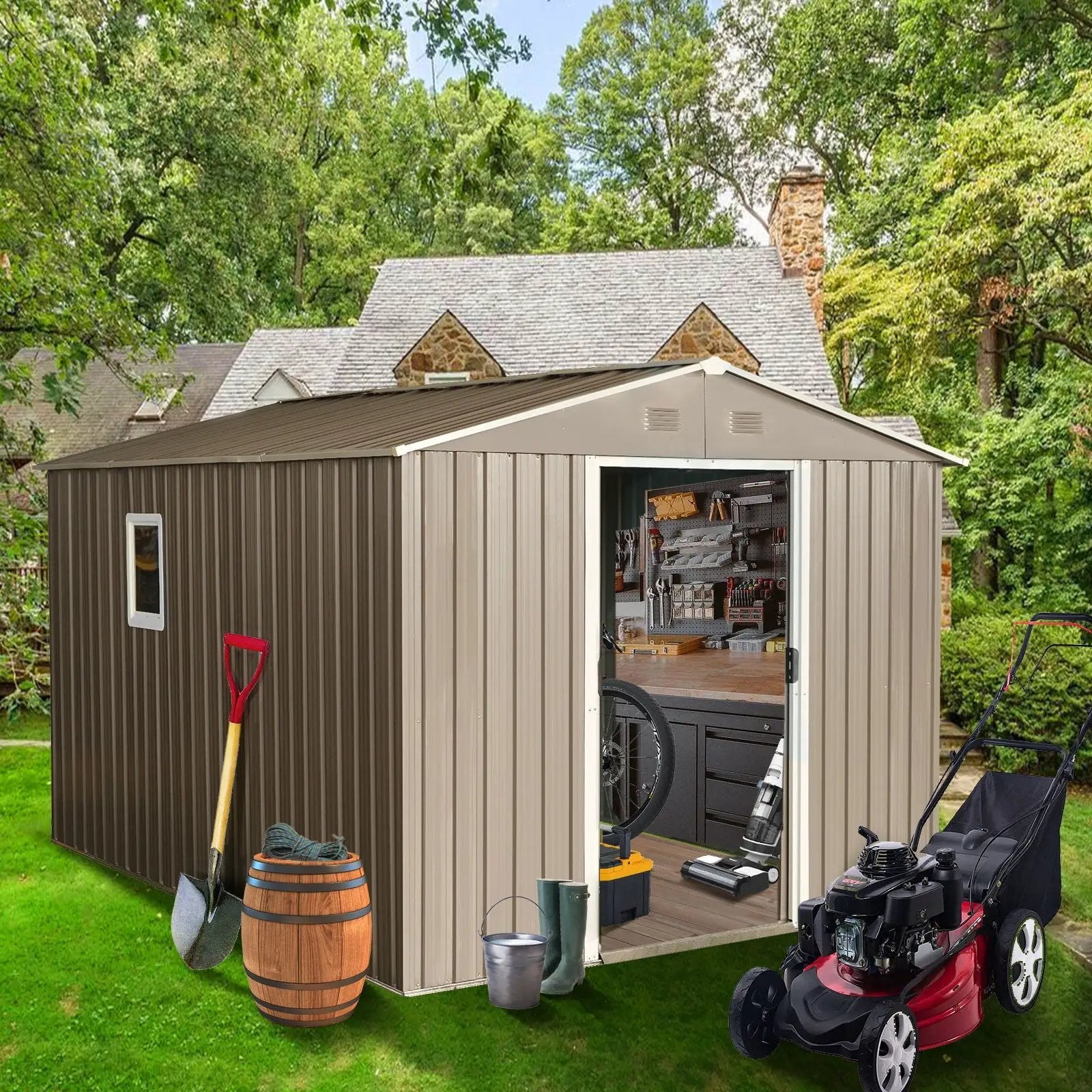 8Ft x 10Ft Outdoor Metal Storage Shed With Metal Floor Base, With Window - Gray by HouseOfZazla