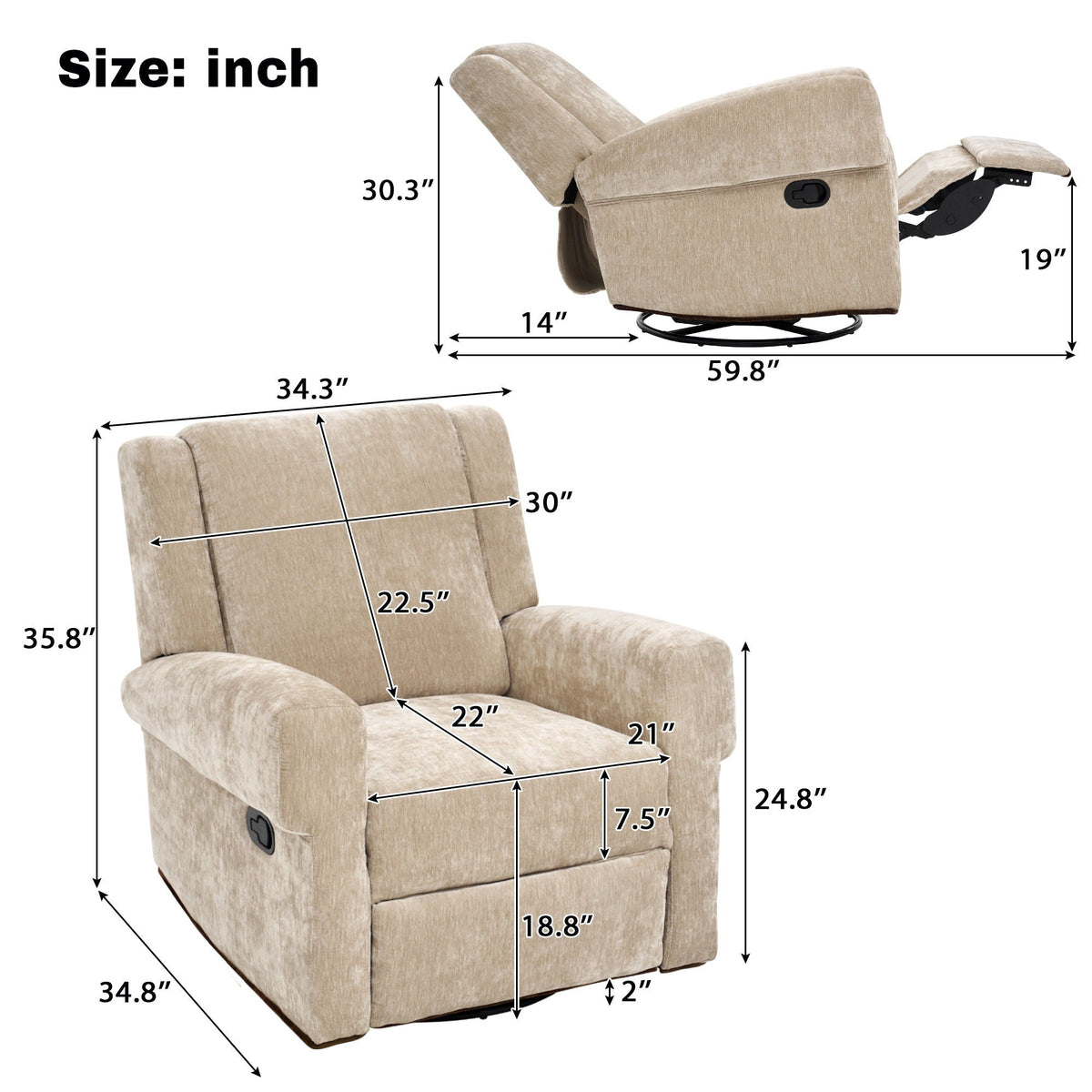 Manual Recliner Chair with Swivel Rocker and Dual Recline - White or Light Brown, photo 5 of 8