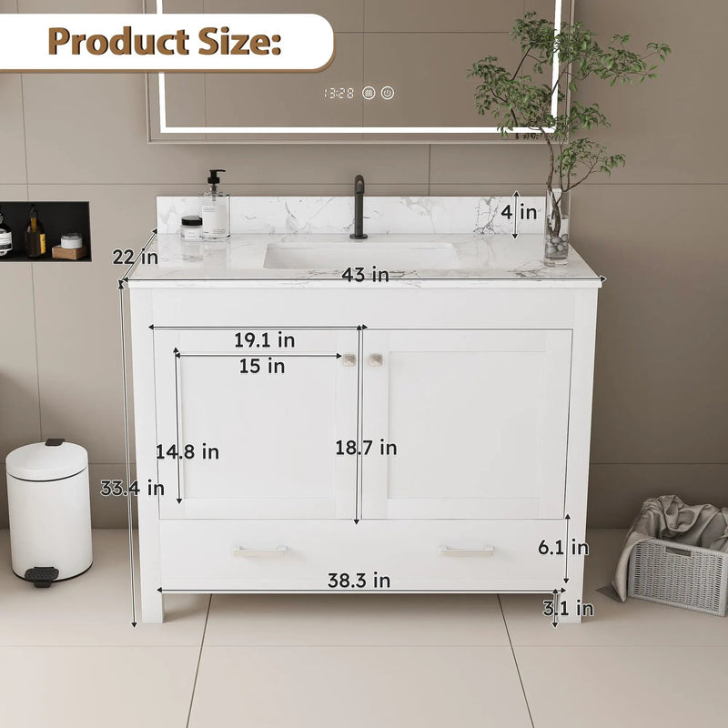 43" Bathroom Vanity With Artificial Marble Carrara Top Set, Multi Functional Cabinet With Doors And Drawer - White by HouseOfZazla