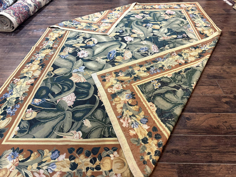 Needlepoint Rug 8x10, Vintage, Handmade, Wool, Green, Leaves & Fruits by Jewel Rugs