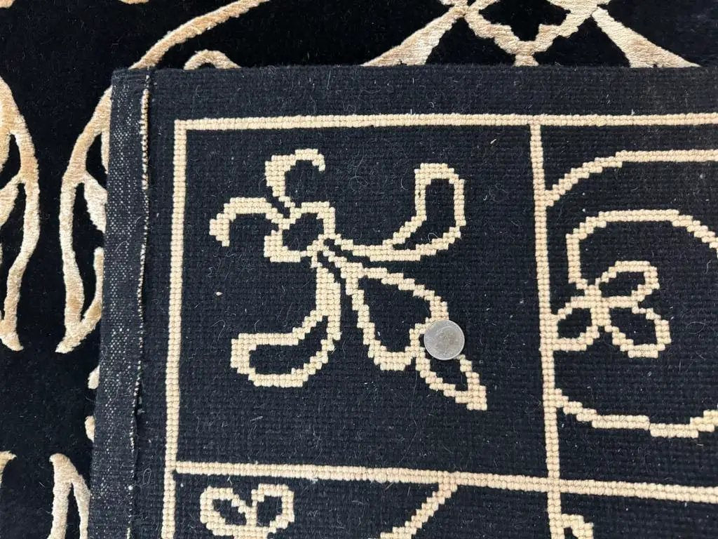 Tibetan Rug 8x10, Wool and Silk, Raised Pattern, Black and Gold, Floral by Jewel Rugs
