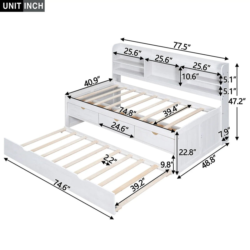 Captain Bed With Built In Bookshelves, 3 Storage Drawers, And Trundle by Unique Piece Furniture
