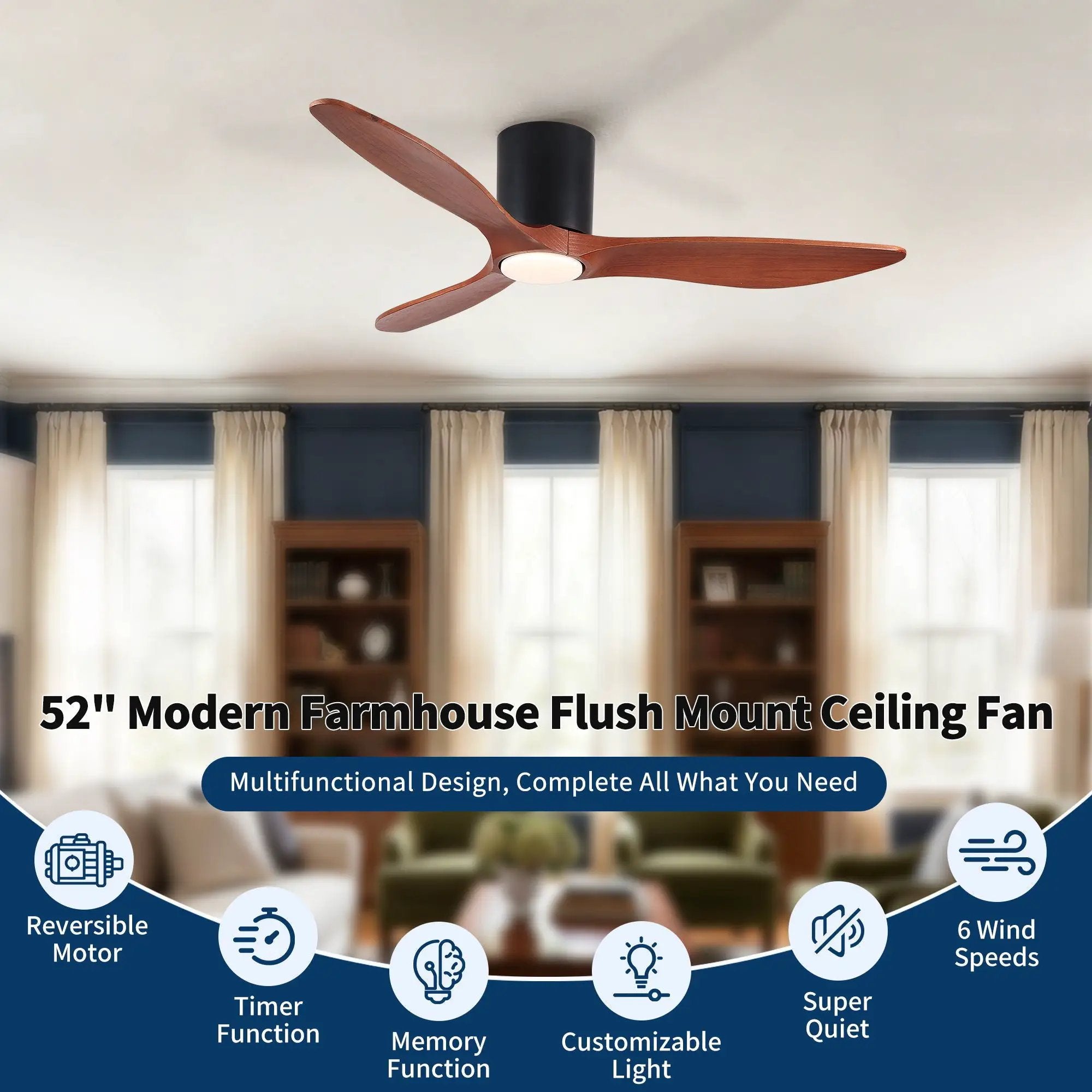 Low Profile Flush Mount Ceiling Fan With Light And Reversible Quiet Motor - Matte Black by HouseOfZazla