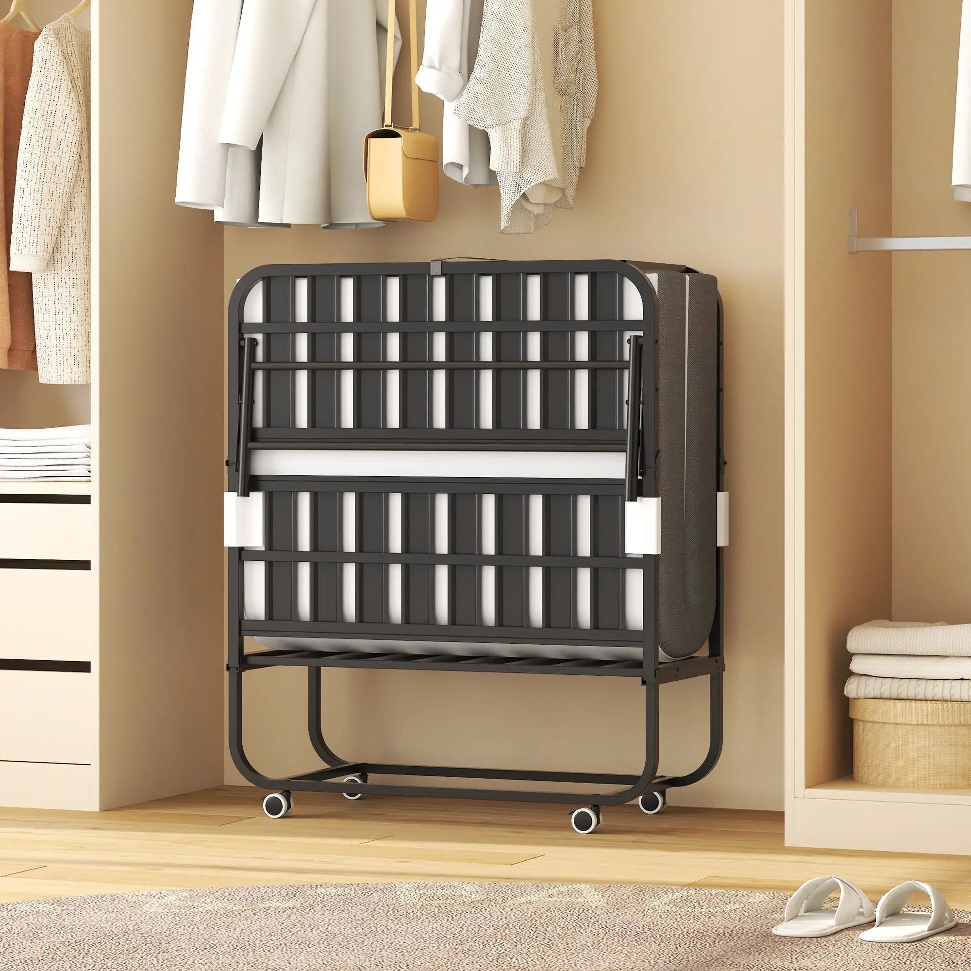 Twin Folding Bed With Adjustable Headboard, Memory Foam For Tall People, Heavy-Duty Portable On Wheels, Easy Assembly - Black by Unique Piece Furniture