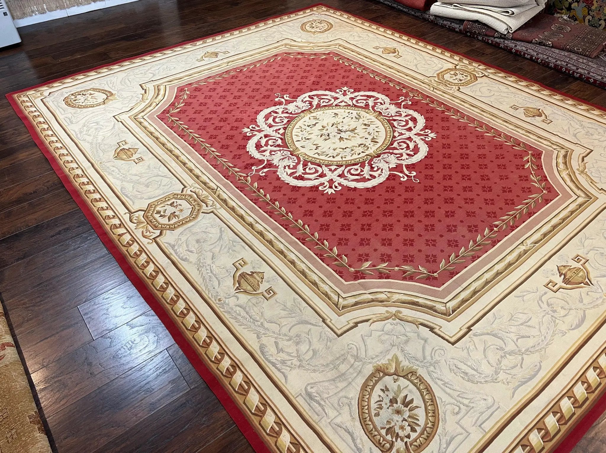 Aubusson Rug 9x12 ft, Red and Ivory Elegant Aubusson Carpet, Flatweave, Vintage Wool Handmade Area Rug 9 x 12, French European Design by Jewel Rugs