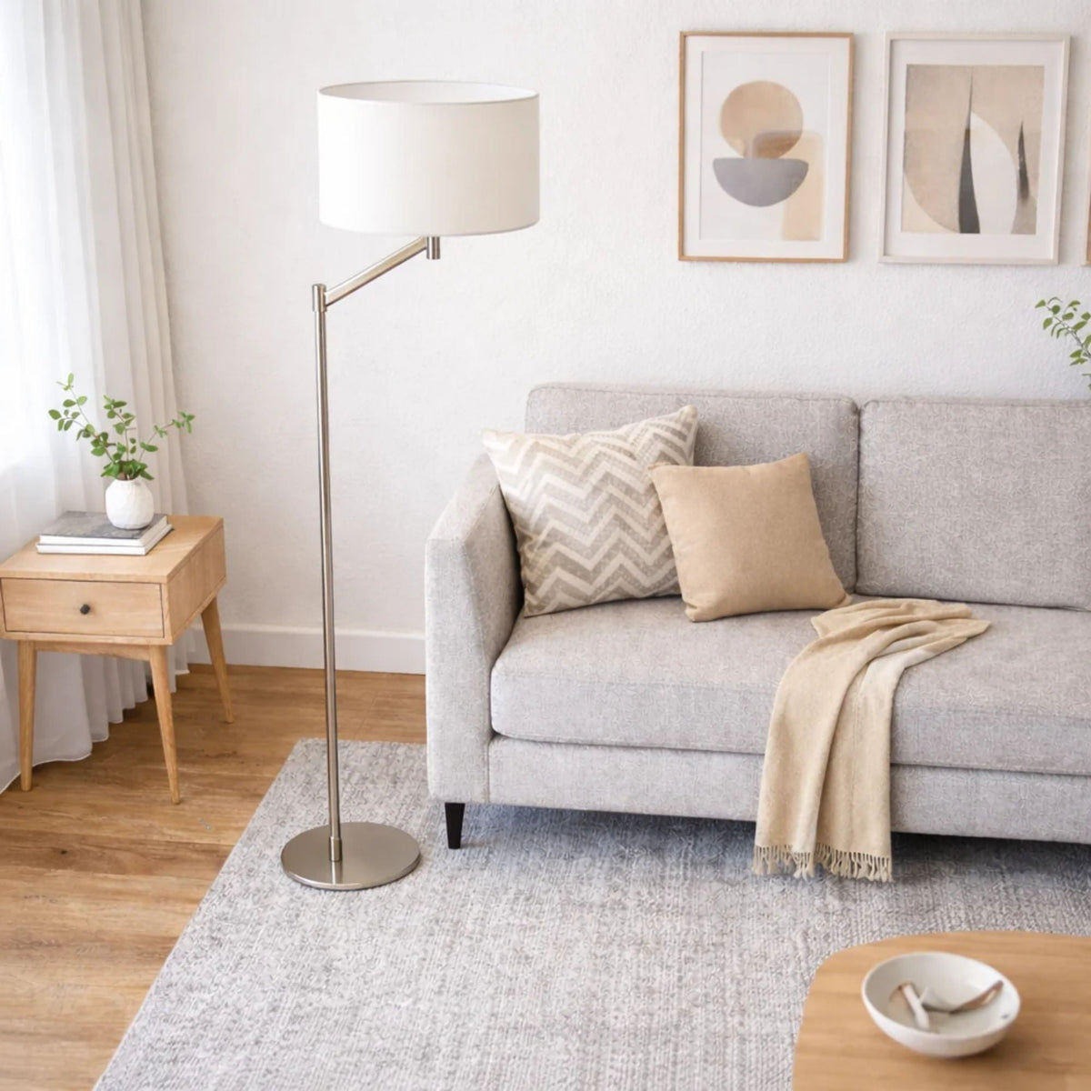 Serene - Floor Lamp With Rotary Switch Base Linen Shade - Brushed Nickel / White, photo 5 of 7