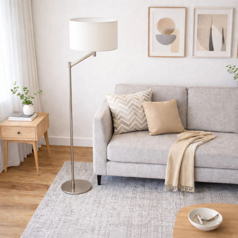 Serene - Floor Lamp With Rotary Switch Base Linen Shade - Brushed Nickel / White, photo 5 of 7