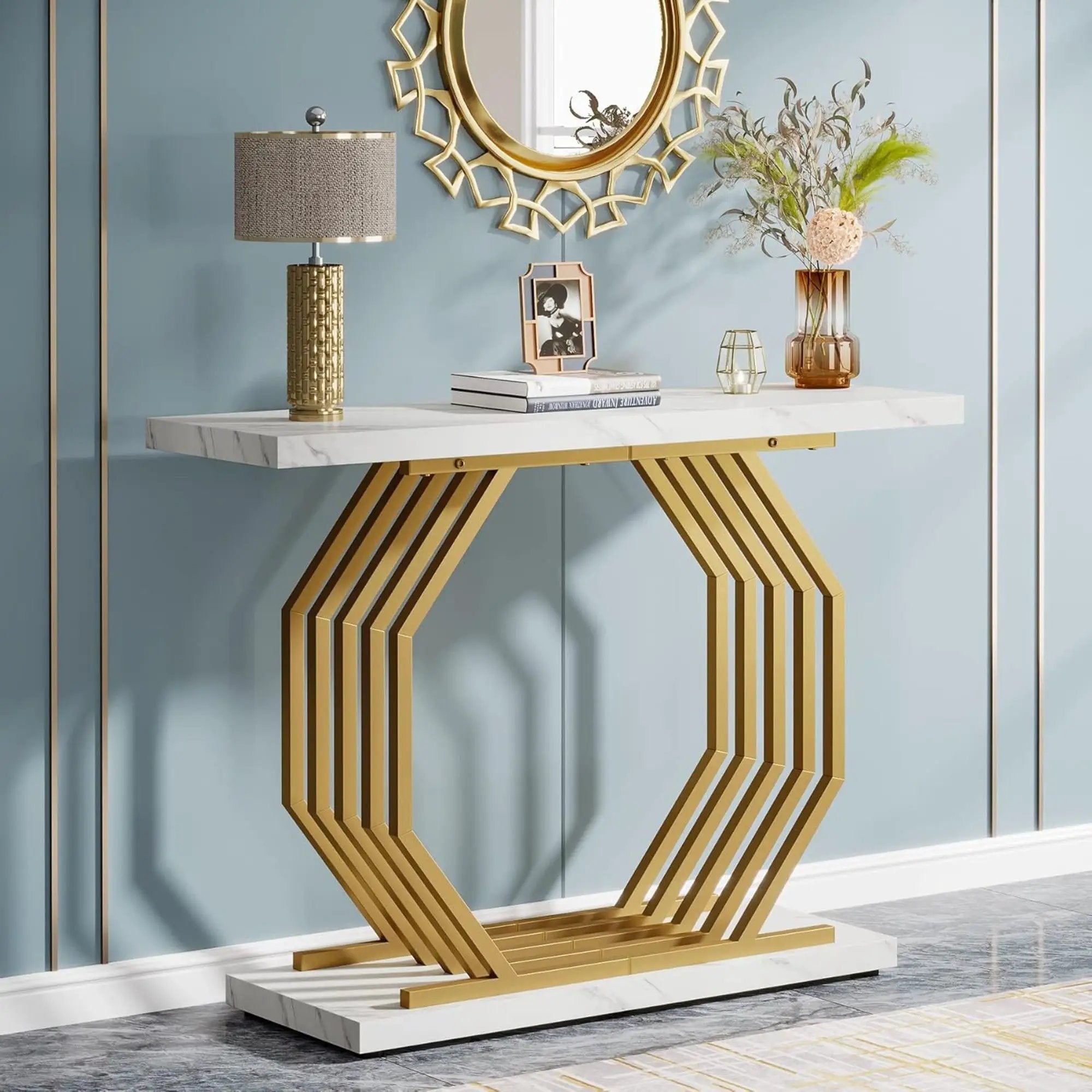 Accent Entryway Console Table With Geometric Bas For Living Hallway - White / Gold by HouseOfZazla