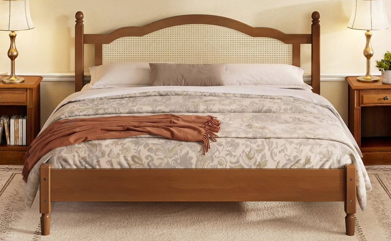 King Size Wooden Platform Bed with Rattan Headboard by HouseOfZazla