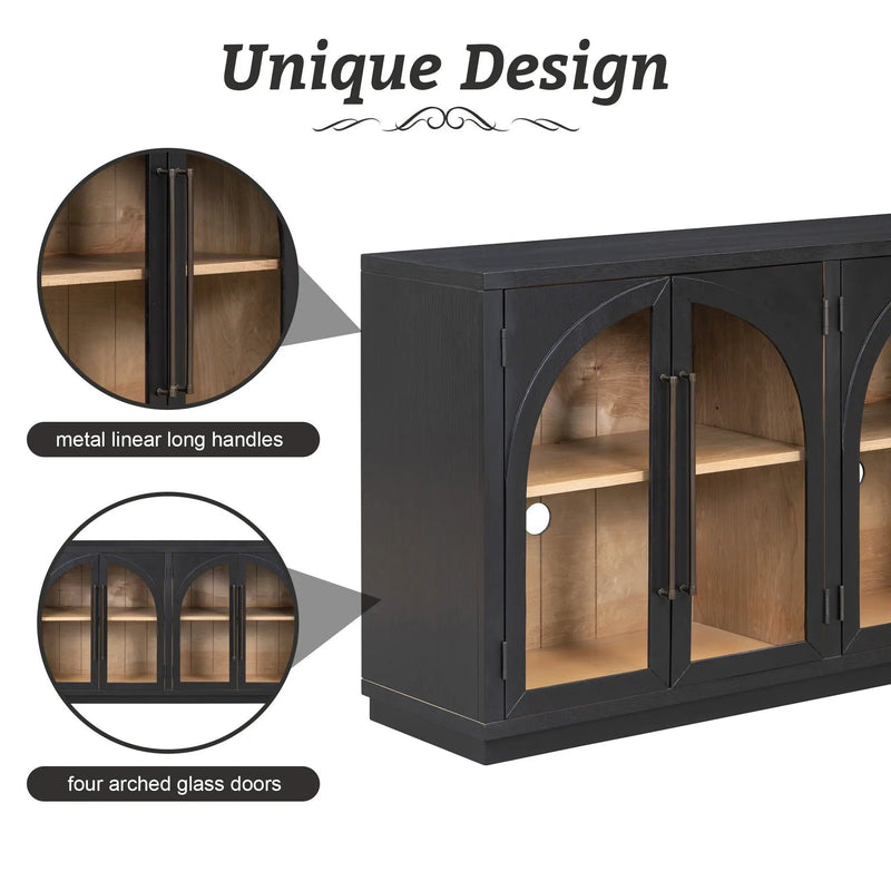 4-Door Large Storage Sideboard Buffet Cabinet with Glass Doors Arched Cabinet (Black) by HouseOfZazla